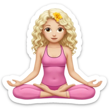 a blond girl sitting in yoga pose in the pink swimwear with white long curly hair sticker