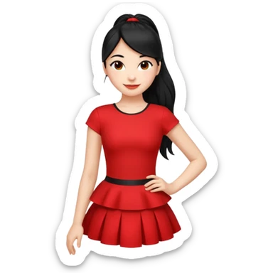 Juni – Cewe Blak-blakan Kulit putih bersih, rambut hitam panjang sleek lurus, diikat half ponytail. Pakai peplum merah terang . Pose tangan di pinggang, tatapan percaya diri senyum. sticker