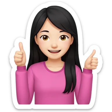 a girl genuinely feeling happy so so so much laughing so hard with her eyes folded long black hair asian girl on a pink shirt with her thumb up sticker