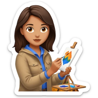 Brunette Artist painting a beautiful autumn mountain peak destination on canvas sticker