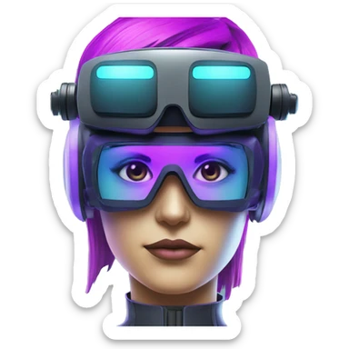Secret human agent in a futuristic hat with in Apple VR goggles headset code display on the goggles , cyberpunk, cyan and purple colors, only upper body portrait, front facing the camera  sticker