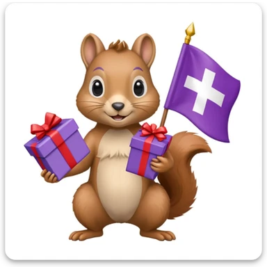 a squirrel holding a purple gift box in one hand and a Swiss flag in the other, both objects clearly visible, simple white background, the gift is a different color from the flag sticker
