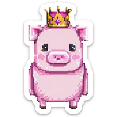 Minecraft pig full body pink blocky animal with square head wearing a crown sticker