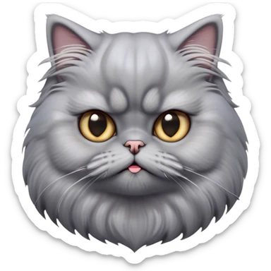 Cinematic Derpy grumpy comical Grey Persian Cat Portrait Emoji, Head tilted playfully with an adorably awkward expression, fluffy grey fur with soft silver undertones, Simplified yet hilariously derpy features, highly detailed, glowing with a warm but slightly confused glow, high shine, a mix of lazy and clueless, stylized with a touch of whimsy, bright but with a completely derpy and grumpy face, soft glowing outline, capturing the essence of a quirky yet chubby, grumpy kitty, so endearing it feels like it could stretch out of the screen and demand attention with its wonderfully derpy charm! sticker