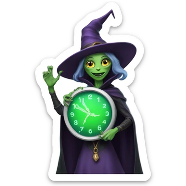 a Reptilian alien woman, as witch, holding holding a big clock, full body, happy sticker