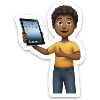 person holding an ipad, while pointing to it sticker