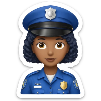 A female police officer with medium-dark skin tone, wearing a dark blue police cap with a silver badge in the center, short curly black hair showing from under the cap, large brown eyes, and a slight smile. sticker