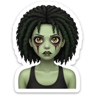 a female zombie with sage green skin, black long afro hair, eyelashes and a black tank top sticker