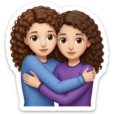 Una morena con pelo castaño y rizado y ojos marones y otra blanquita con pelo liso con las puntas onduladas y pelo castaño y ojos marrones Amigas lindas abrazándose  sticker