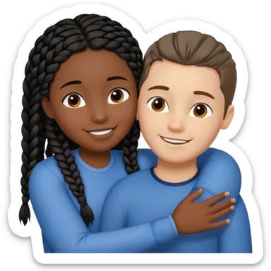 Dark black girl with black braids and dark tan white boy with curvy straight brown hair, they are hugging and smiling, and touching each other with their hands sticker