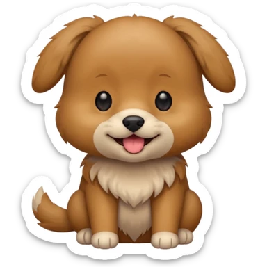 Cute small brown fluffy dog emoji icon. Round face, short muzzle, light brown fur with slightly darker ears, small black nose, happy smiling expression with tongue out. Soft friendly eyes, sitting pose with front paws together. Simple clean vector style, minimal details, kawaii style. sticker