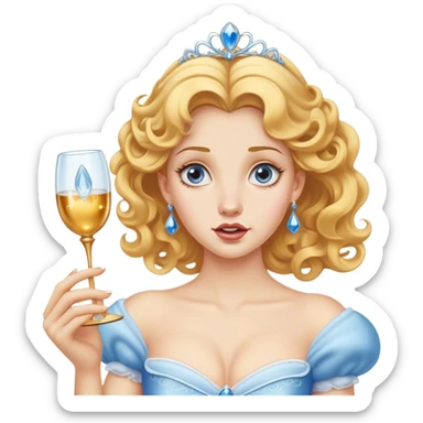 Cinematic Funny Cinderella Portrait Emoji, Stunned expression as she holds a glass slipper much too big, one eyebrow raised, golden curls slightly messy, a mix of royal grace and unexpected humor, capturing a lighthearted twist on her fairy tale moment! sticker