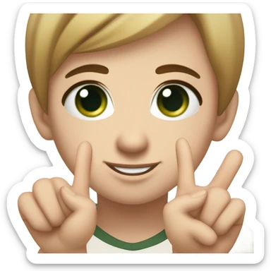 Partrait below the shoulders. round cute face. rosy cheeks, fair skin. dark green eyes, wink. thick black eyelashes. small nose. long hair, hair color light brown. Large earring in the ear. Background with gradient. Fingers show victory hand sign sticker