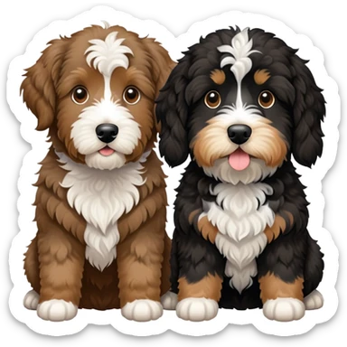 2 dogs: one light brown Aussiedoodle, one all-black Bernedoodle with white eyebrows some white markings, no brown coloring. Both same size. sticker