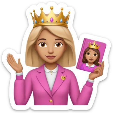 Crear una reina morena clara con ropa rosa sosteniendo la palabra Queen en sus manos sticker