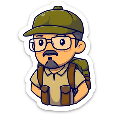 adventurer with goatee beard (no beard on cheeks), short hair, glasses, backwards military tan cap and backpack sticker