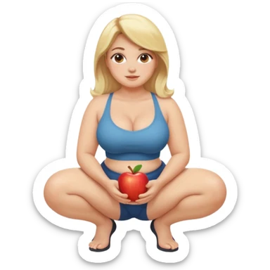 curvy blonde woman, front view, squatting and sitting, friendly expression, SFW, no explicit content, apple emoji style sticker