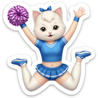 A chubby white kitten cheerleader in pastel uniform jumping in cheer pose. sticker