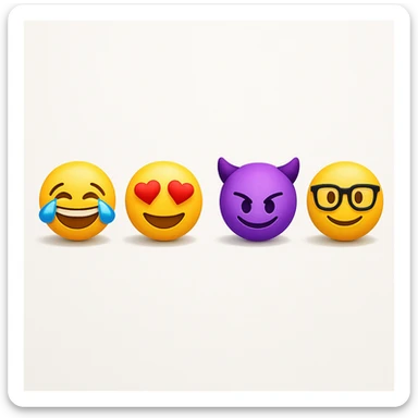 make four emojis on white background with good amount of shadow, four emojis of smiley's only. one laughing, second heart eyes, third purple devil and four black glasses emojis  sticker