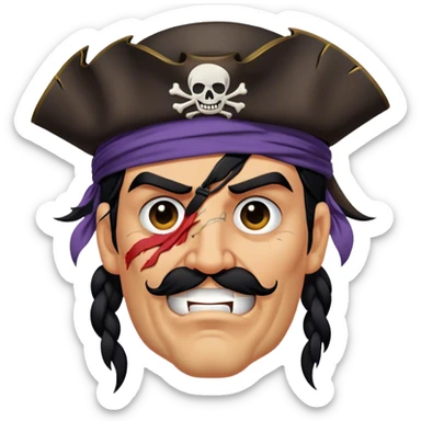 A battle-worn pirate with tangled black hair, a torn eye patch, friendly sticker