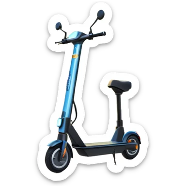 An icon featuring a sleek electric scooter parked on a scenic path. The background showcases a vibrant city park with green trees, flowers, and a clear blue sky. The sun sets in the distance, casting a warm golden glow on the landscape. Transparent background sticker