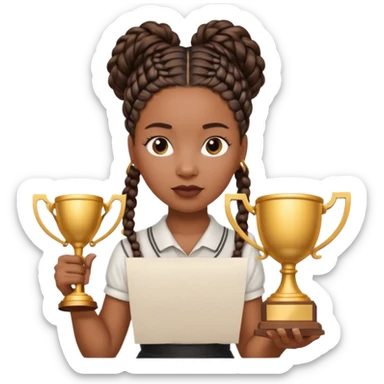generate an emoji for this phrase, Start strong to earn trust and be noticed. End strong to be remembered. make it a black woman in braids updo looking determined with a white script in hand and a trophy sticker