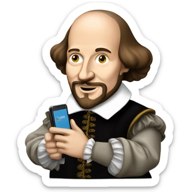William Shakespeare holds a cell phone in his hand sticker