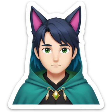 anime man with straight long dark-blueish-black-gradient hair, long black fox ears with pink Scapha, hazel-gradient-brown-turquoise eyes, gold earring, dark-blue-sweater, green cape,  sticker