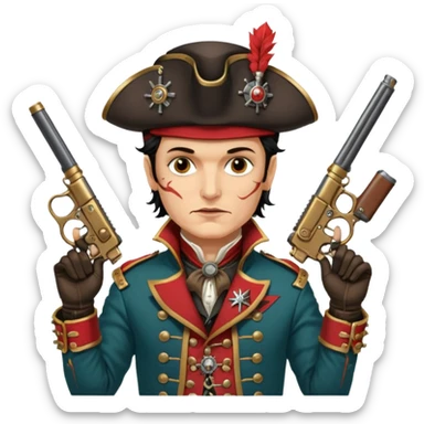 Adam Ant  painted with Indian war colors  is wearing a Hungarian Hussar'S JACKET, holds two steam punk retro guns in his hands sticker