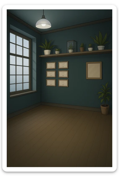 PRENDI SPUNTO DAI COLORI E DALLO STILE DELLA STANZA CON L'UOMO CON IL CAMICE E faMMI QUESTA STANZA VUOTA STILE MANGA/WEBTOON A COLORI SENZA LE PERSONE, SOLO LA STANZA. FALLA MOLTO PIù LUMINOSA, NON LUCI GIALLE sticker