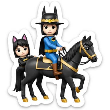  Ultra cute  Lego detailed 1854 Batman driving and pretty dark-haired Catgirl riding a horse drawn family-size Caravan alone together on a romantic trail in the woods  sticker