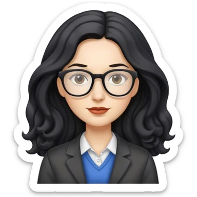 pale female teacher with long wavy black hair, wearing glasses sticker
