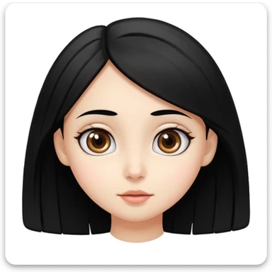 Crear emoji de una chica de piel blanca ojos grandes negro pelo lacio negro con raya al medio tierna, dulce y alegre sticker