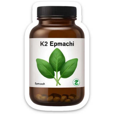 brown glass bottle of supplements with white label, black thin title K2 and small spinach emoji sticker