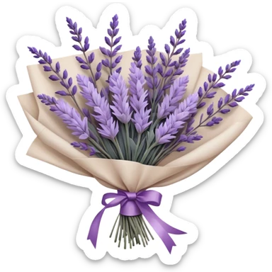 A delicate hand-tied lavender bouquet, featuring wisps of pale lilac and deep amethyst sprigs, is wrapped in parchment paper secured with a dusty plum ribbon. The gentle contrast of fresh and dried stems creates a soft, ethereal look, while the faint scent of lavender lingers like a nostalgic embrace from a bygone era.
 sticker