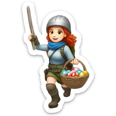 Female winter mountaineer red hair white skin climbing with Greek Flag and Easter eggs basket sticker