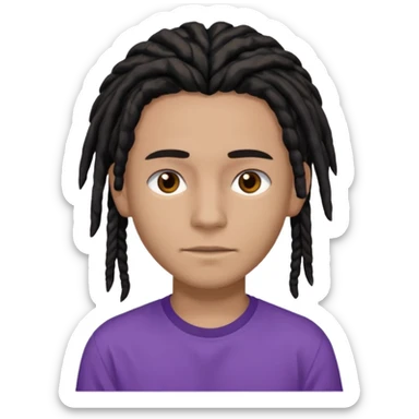brown teen with black dreads in a middle part with brown eyes and a small faint mustache and purple shirt sticker