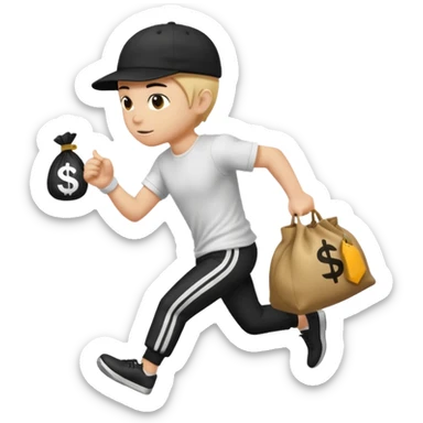 Thief with black cap white t-shirt with black tripes all ower the shirt emoji runing with money bag sticker