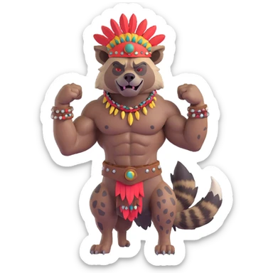 A native strong buff hyena with war bonnet flexing posing full body  sticker