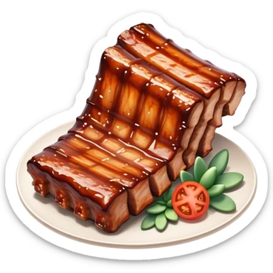 Cinematic Realistic Barbeque Ribs Dish Emoji, depicted as succulent, slow-cooked ribs with a sticky smoky glaze rendered with rich textures and dynamic, appetizing lighting. sticker