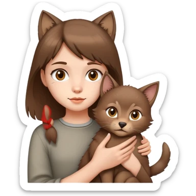 innocent girl and she has brown wolf cut hair, she holds cat sticker
