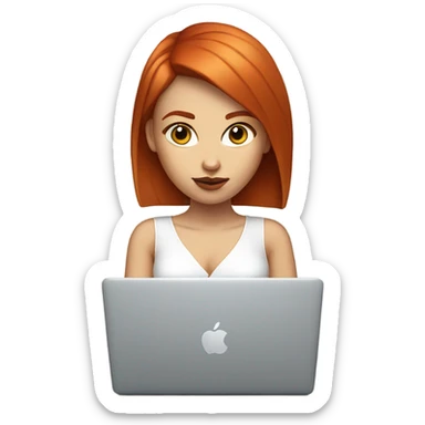girl with straight short red hair, big lips, big eyes, calm face, in white decolletage works on macbook sticker