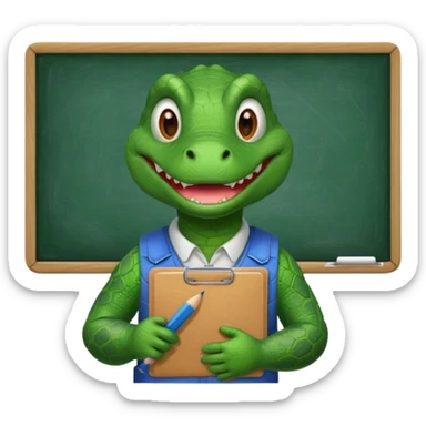 A 1960s style image of a gator with a clipboard and a pencil in front of a chalkboard sticker