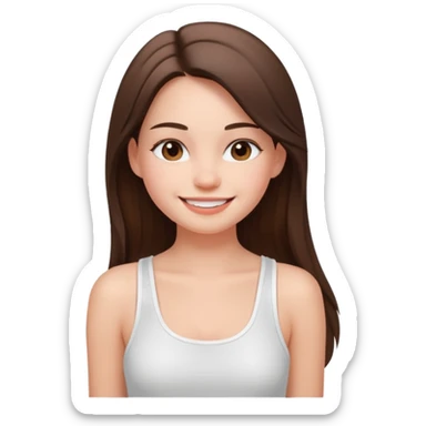 a pretty bratz fair girl with straight brunette long hair, wearing a white thin strap trap tank top, smiling sticker