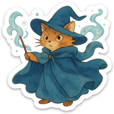 ghibli style wizard cat with a flowing cloak and magical aura sticker
