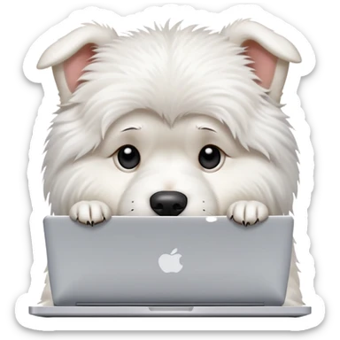 A busy white dog typing on a laptop looking stressed and overwhelmed sticker