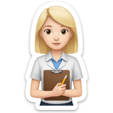 intern or volunteer holding a clipboard and pencil, ready to take notes or assist. The character wears a simple shirt and has an eager posture sticker