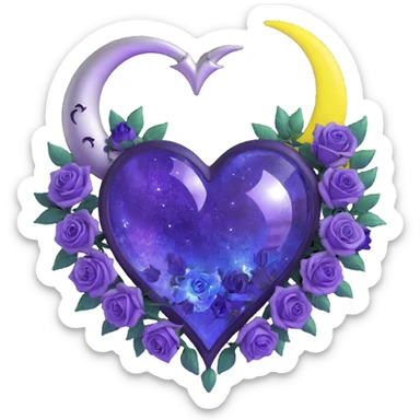 gothic heart made of frosted purple glass, silver crescent moon, glowing indigo roses, holographic stardust, neon white lightning, wet and cracked glass sticker