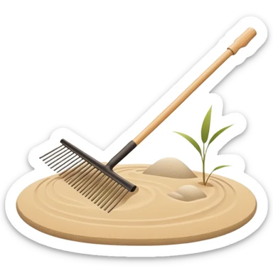Minimalist emoji of a Japanese zen garden rake, elegant thin lines, light wood tone, sand-beige palette, flat vector style, calm and balanced aesthetic, inspired by zen tranquility, transparent background, premium minimal design sticker