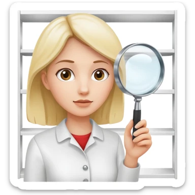 emoji of white empty shelf in perspective view with a standing woman nearby, she is looking at the shelfs with a magnifying glass sticker